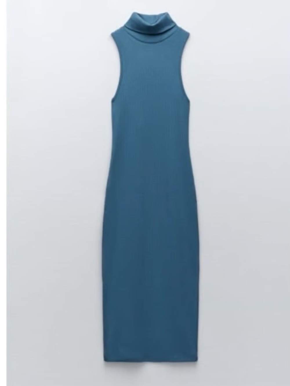 Zara‎ Blue Ribbed Fitted Turtleneck Midi Dress